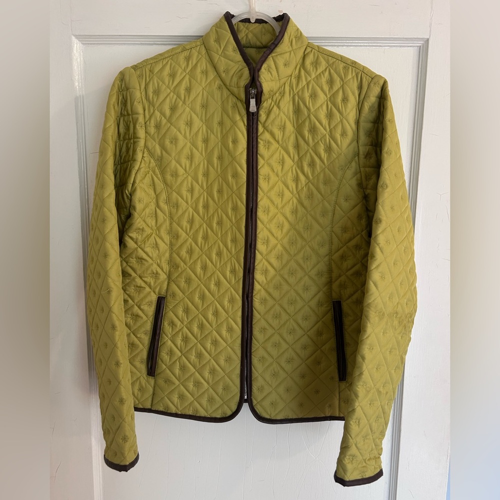 Vintage Carole Little women’s chartreuse quilted zip-up jacket with brown trim